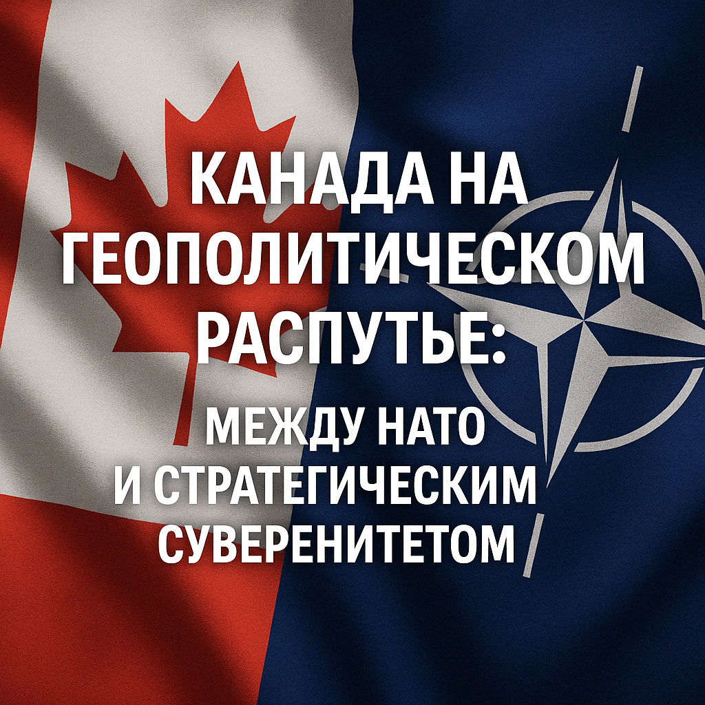 Флаги Канады и НАТО на фоне с заголовком: 'Канада на геополитическом распутье: между НАТО и стратегическим суверенитетом