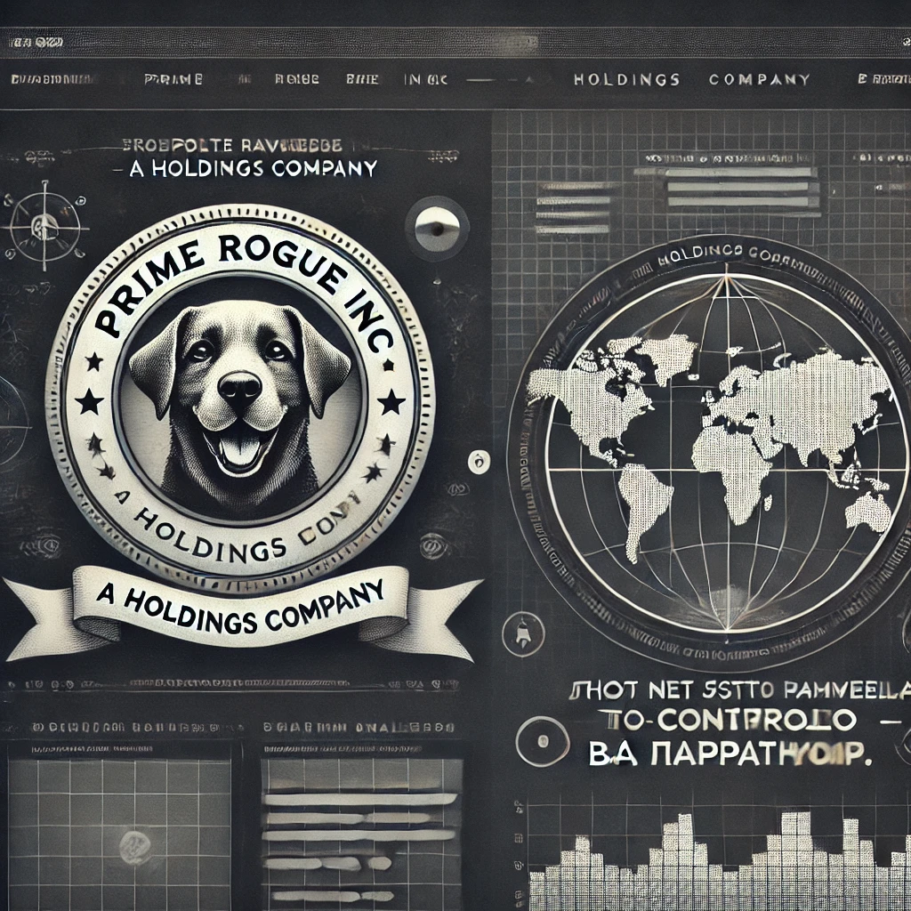 Концепция главной страницы сайта по геополитической разведке. Слева — винтажный логотип с изображением улыбающейся собаки в печати с надписью ‘Prime Rogue Inc – A Holdings Company’. Справа — тёмный фон с элементами данных: мир в серых тонах, тепловые карты, графики и наложенный текст на кириллице: ‘Это не просто разведка. Это — контроль за нарративом.’ Общая эстетика передаёт стратегический и аналитический характер проекта.